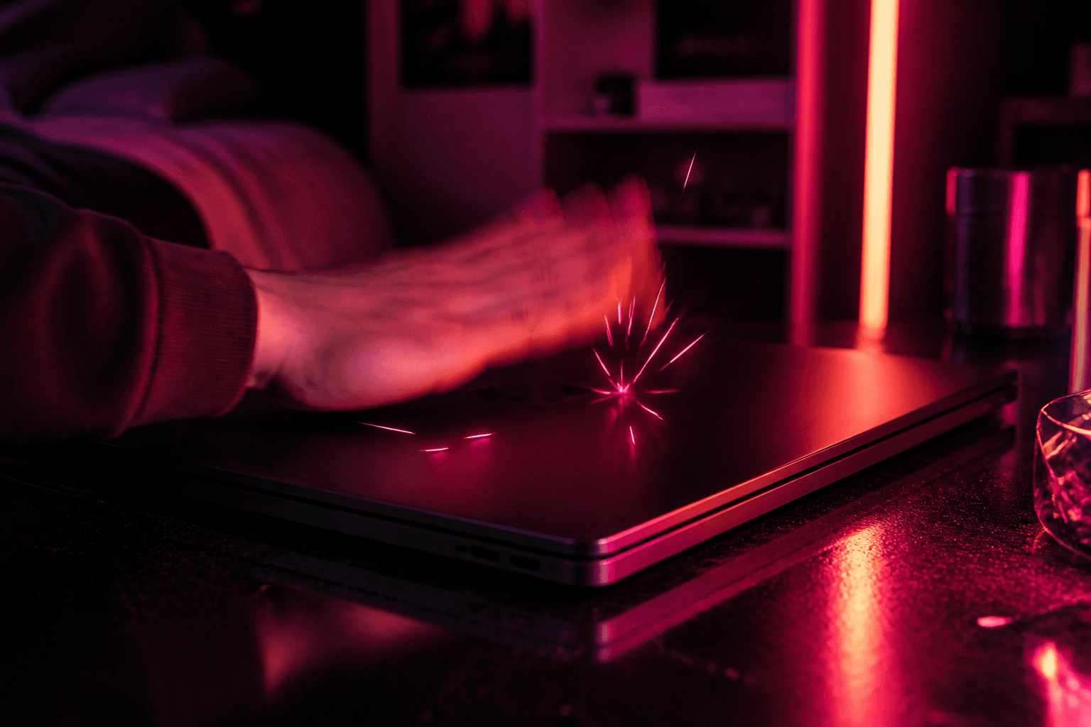Hand slapping a MacBook under magenta neon light